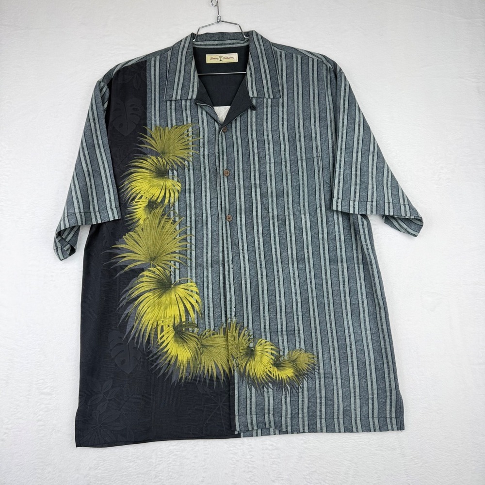 Tommy Bahama Mens Gray Striped Palm Frond Graphic Beachy Shirt Short Sleeve XL